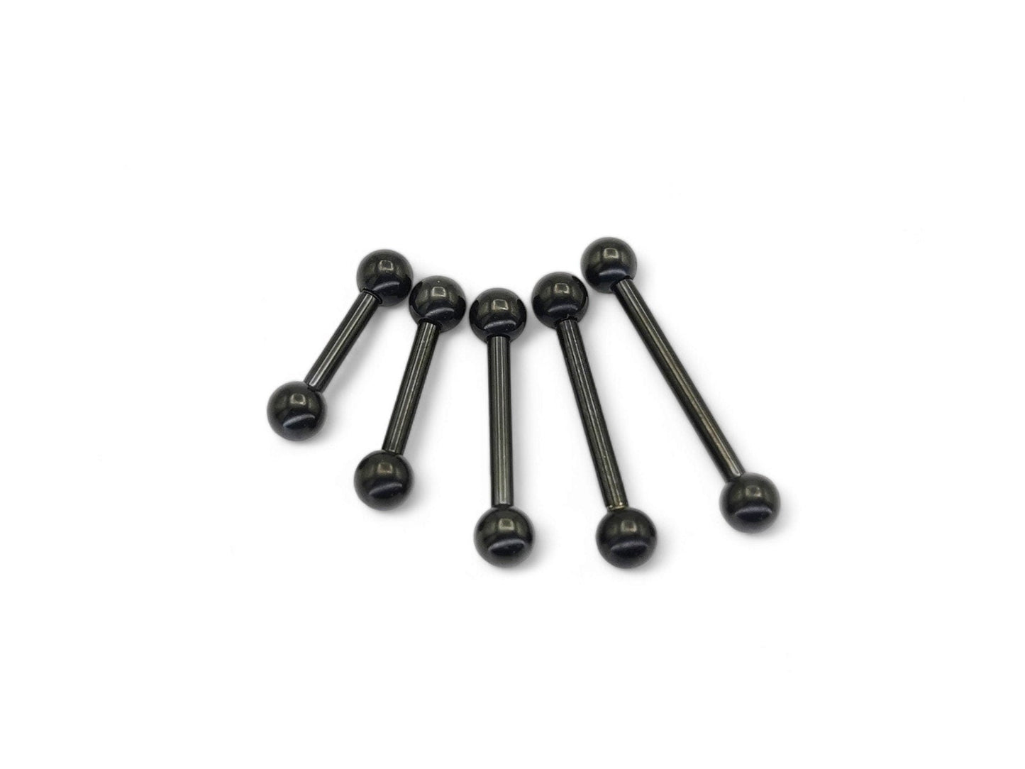 A set of black titanium barbell piercing jewelry with varying lengths from 8mm to 18mm.