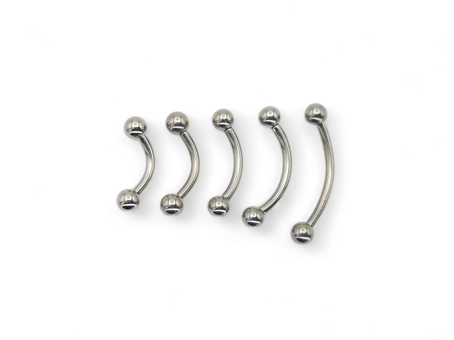 A collection of titanium curved barbells with screw fit balls, varying in length, on a white background.