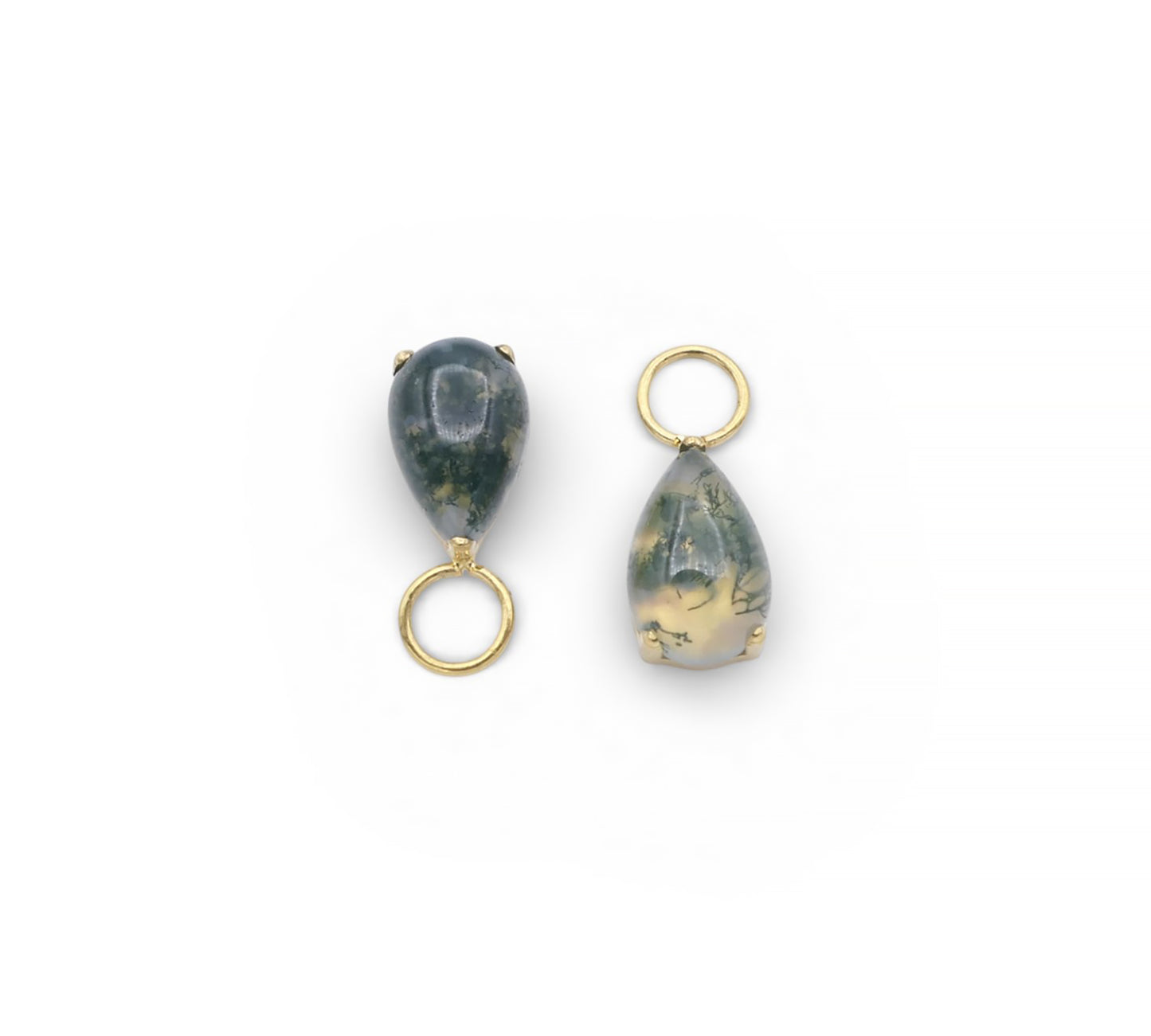 Pair of earrings with teardrop-shaped stones and gold loops on a white background