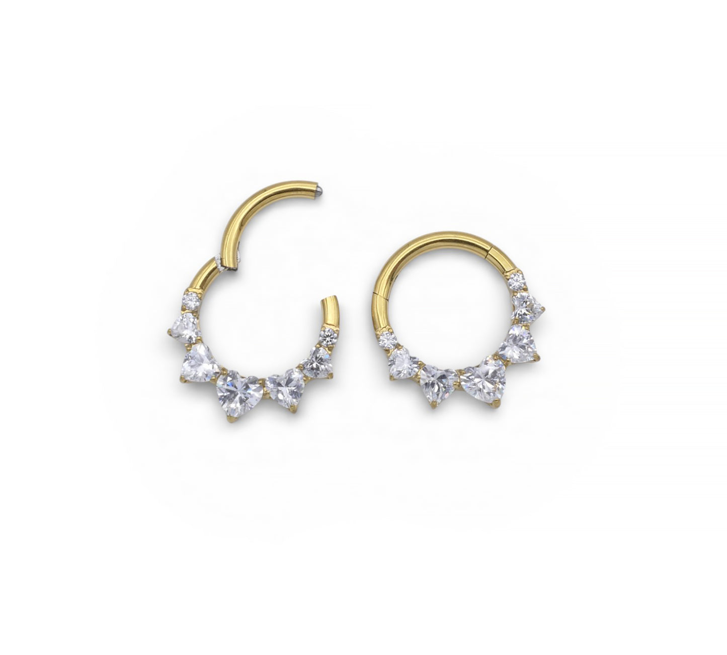 Gold hoop earrings with clear gemstones on a white background