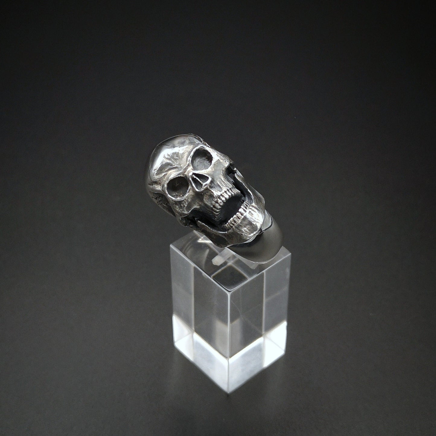 Silver skull-shaped object on a clear crystal block against a dark background