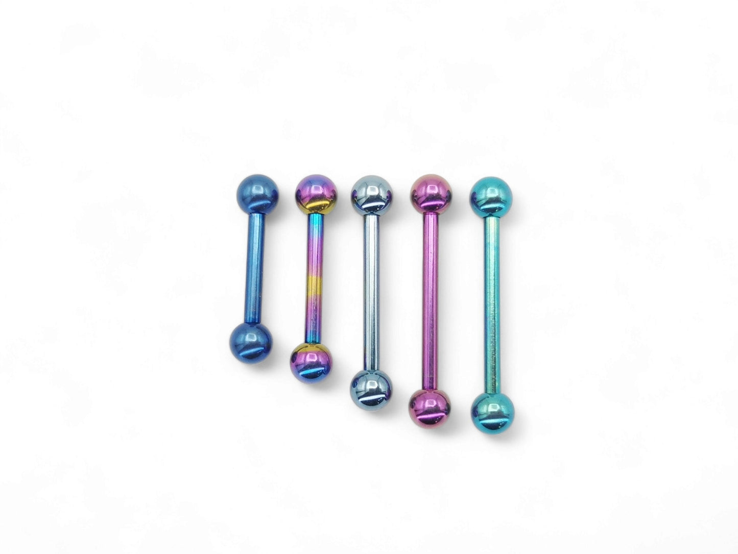 A selection of titanium anodized barbells in various colors, with balls and threading, arranged in a line against a white background.