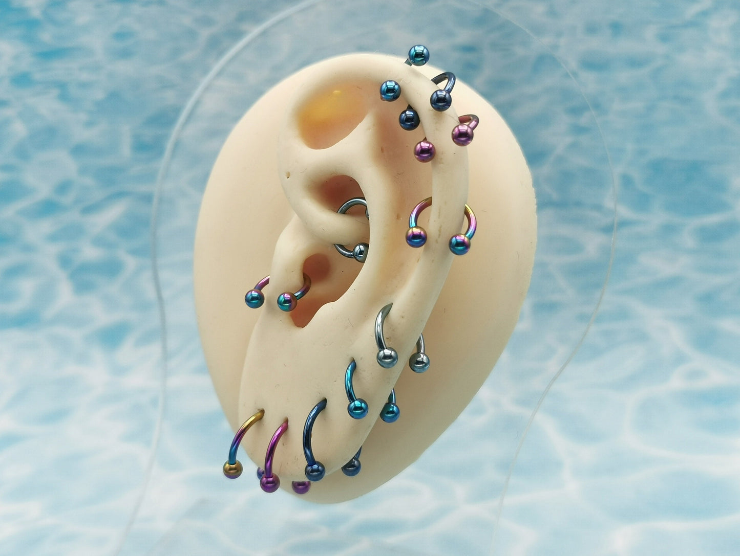A selection of circular barbells in various colors, including blue, pink, and rainbow, designed for lip, ear, and septum piercings.