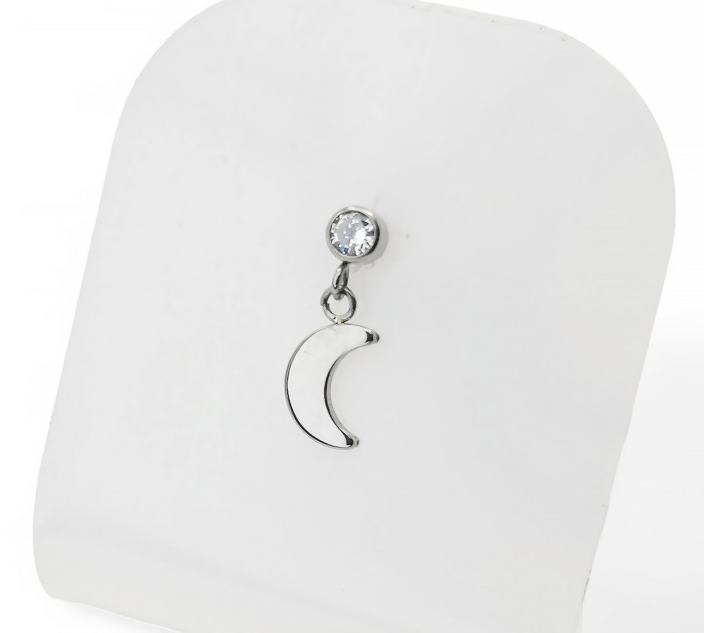 Titanium threadless jewelled stud with crescent moon charm 1mm/18g, 1.2mm/16g, 6mm-8mm length