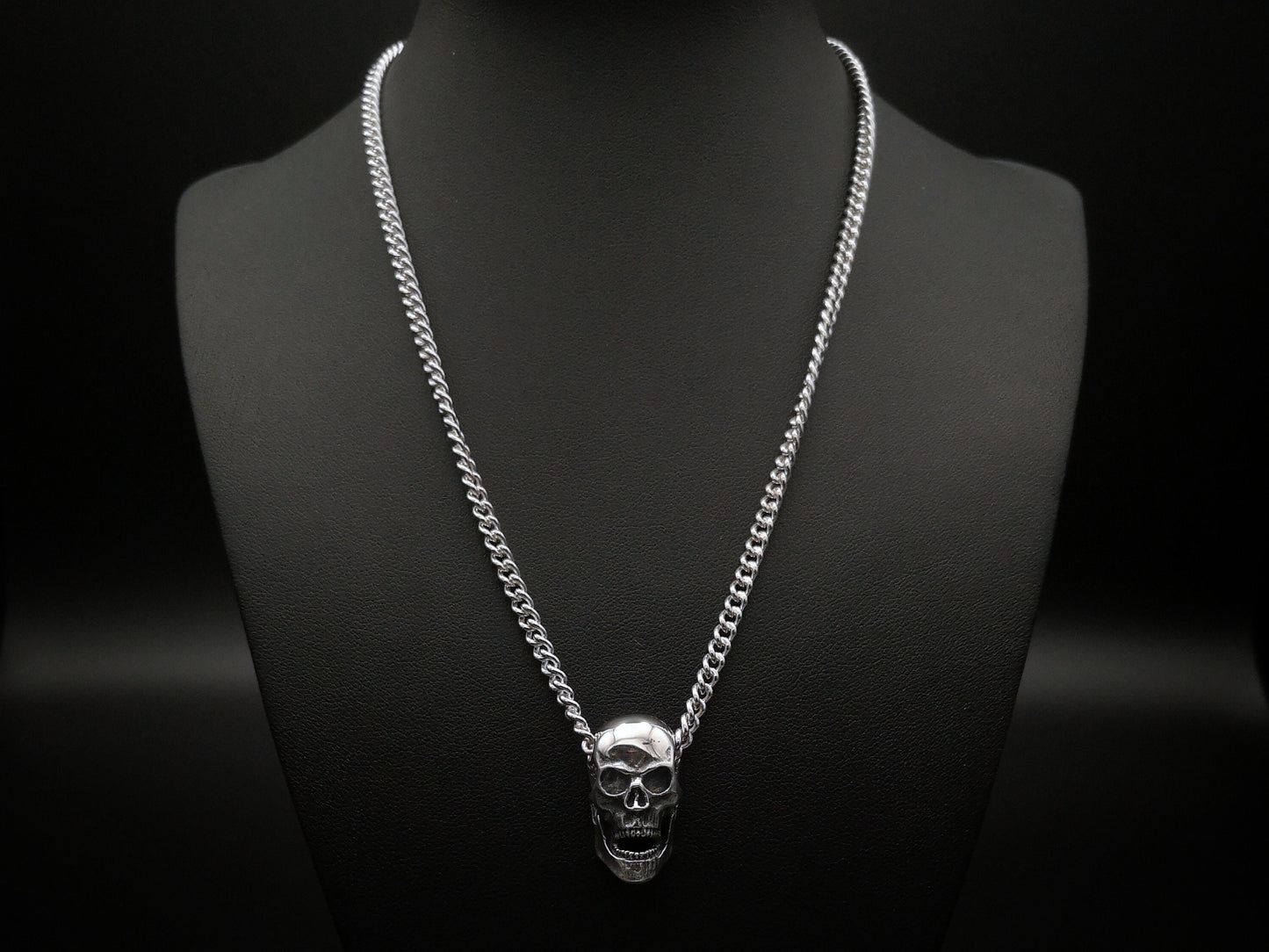Large silver skull pendant necklace with silver curb chain