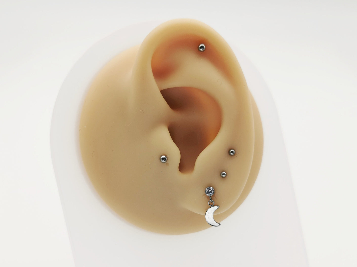 Titanium threadless jewelled stud with crescent moon charm 1mm/18g, 1.2mm/16g, 6mm-8mm length