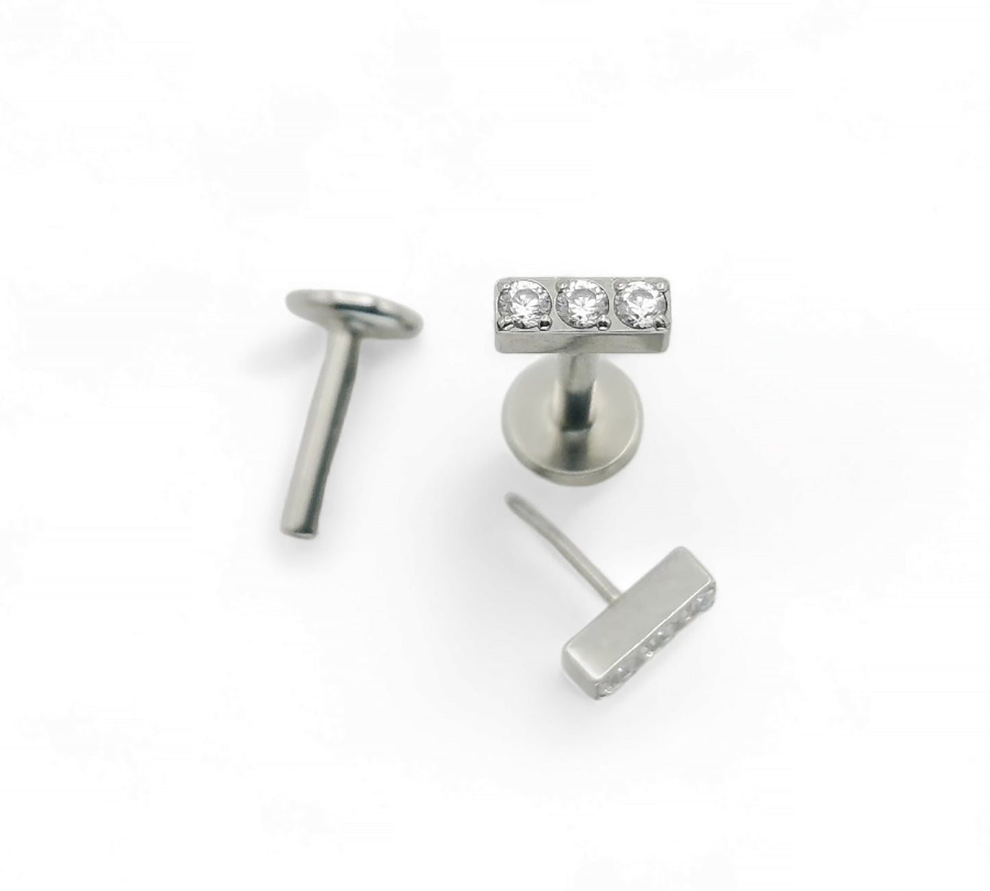 Titanium threadless jewelled baguette stud 1.2mm/16g, 6mm-9mm length
