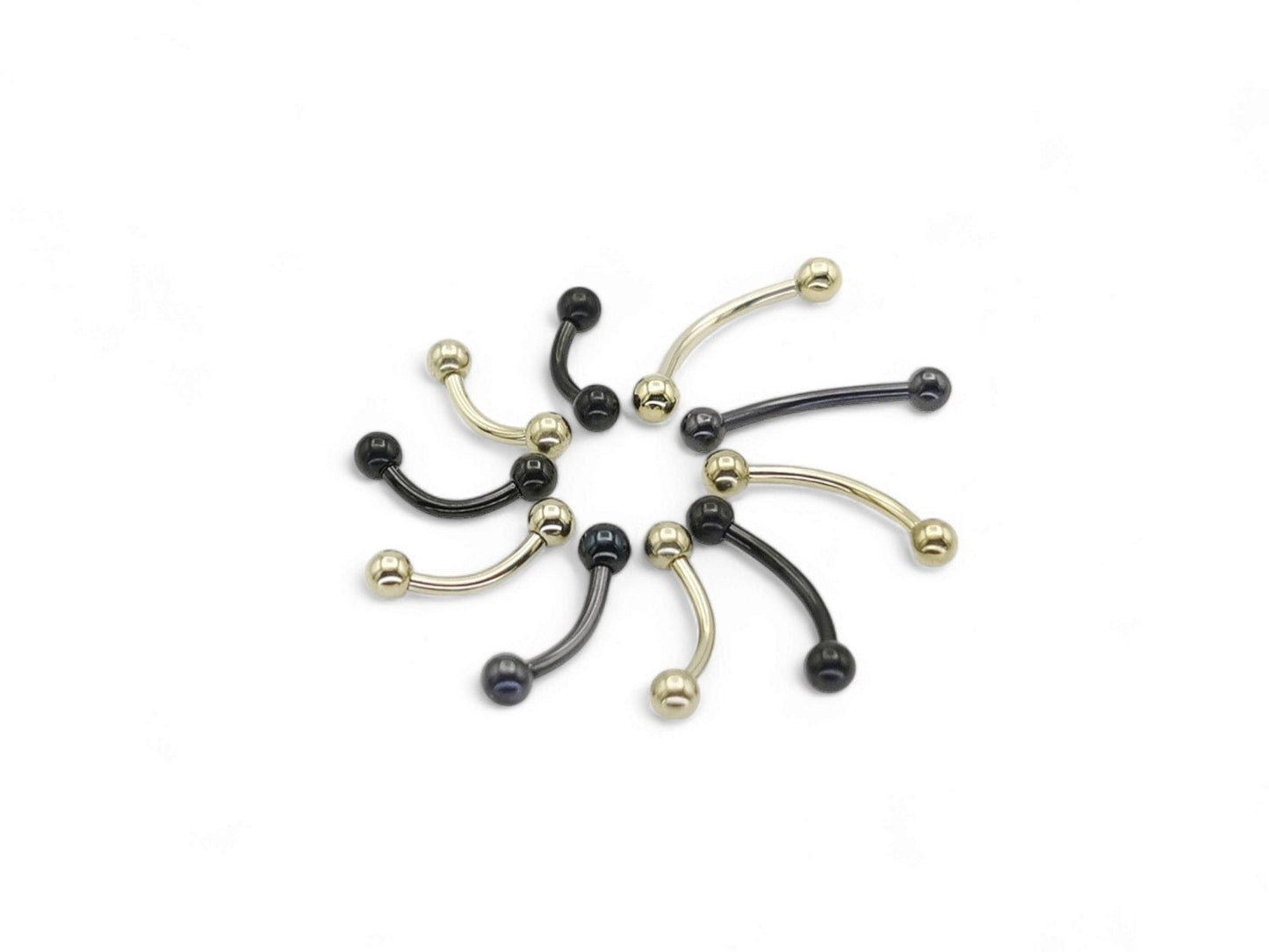 A black or gold titanium curved barbell, externally threaded for piercings, with a screw-fit ball.