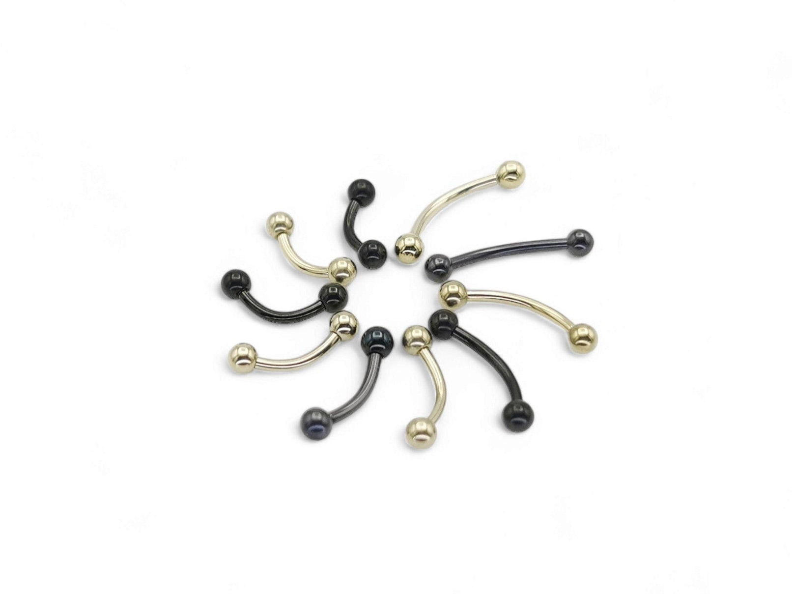 A black or gold titanium curved barbell, externally threaded for piercings, with a screw-fit ball.