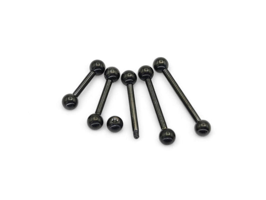 A set of black titanium barbell piercing jewelry with varying lengths from 8mm to 18mm.