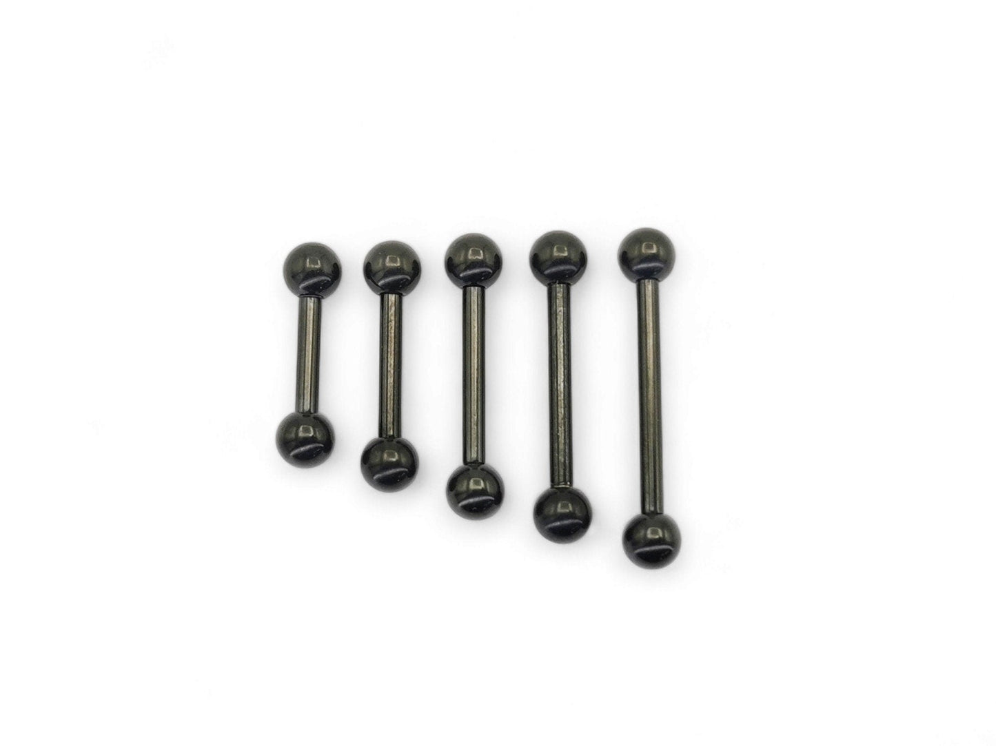 A set of black titanium barbell piercing jewelry with varying lengths from 8mm to 18mm.
