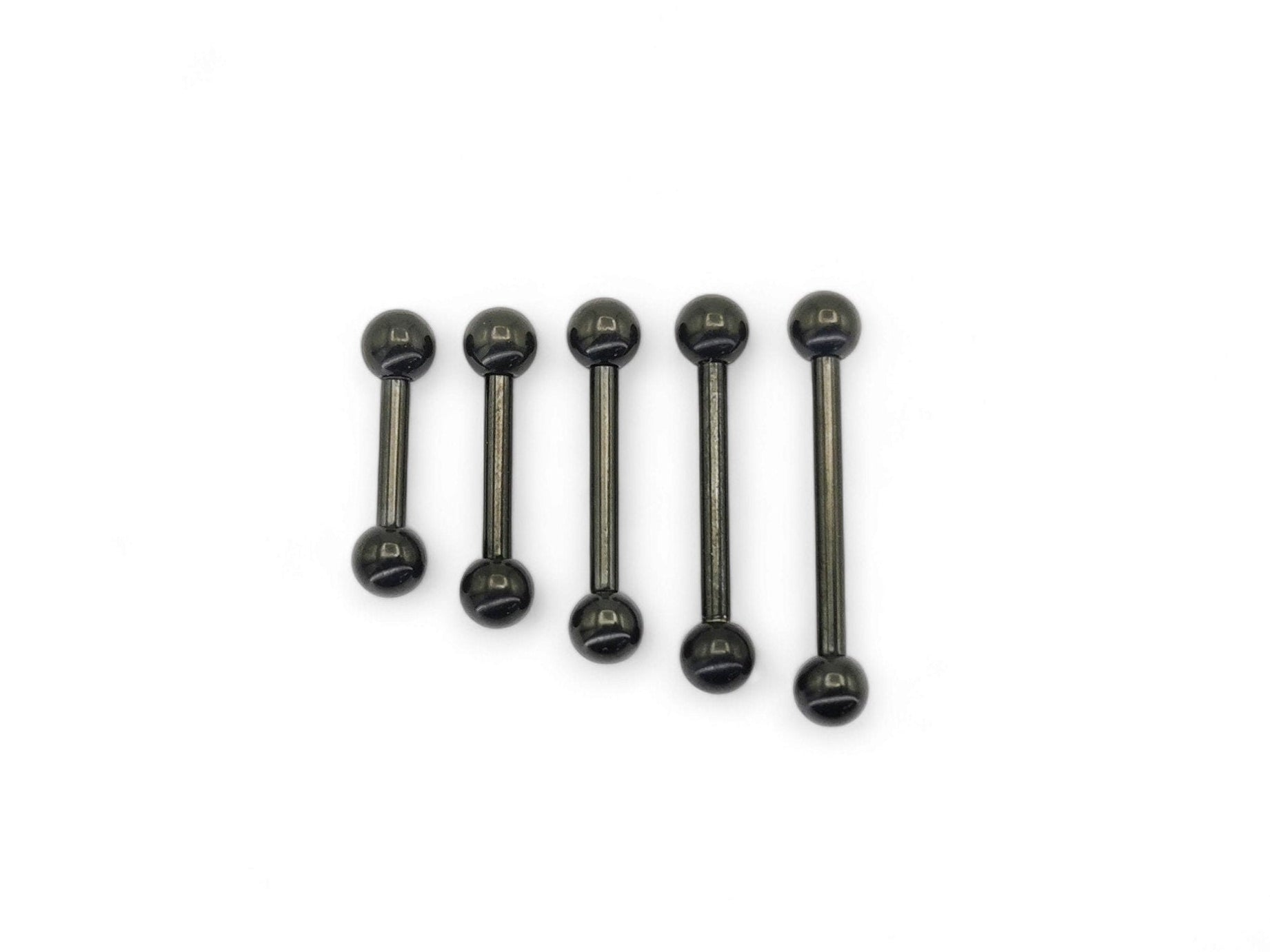 A set of black titanium barbell piercing jewelry with varying lengths from 8mm to 18mm.
