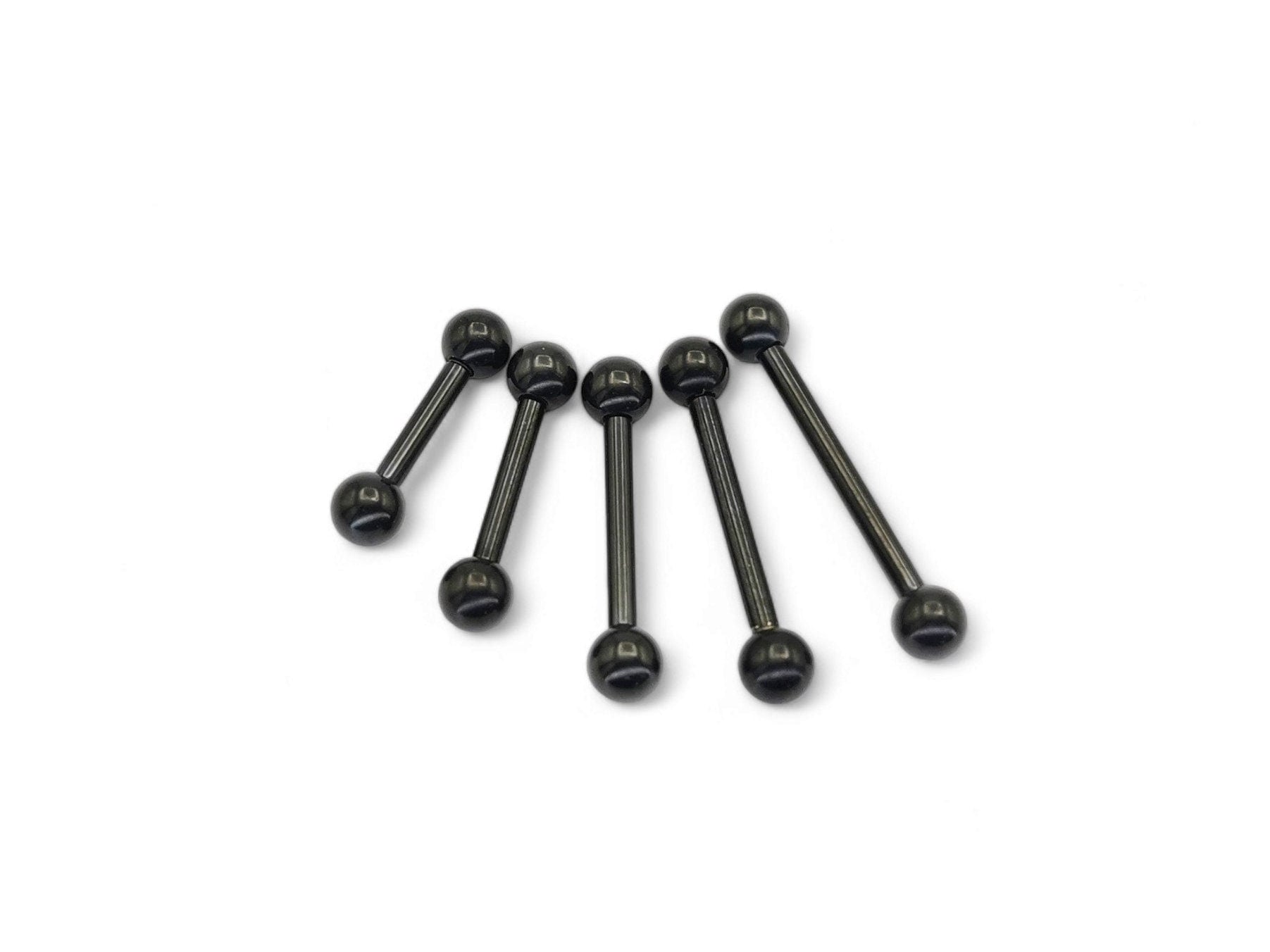 A set of black titanium barbell piercing jewelry with varying lengths from 8mm to 18mm.