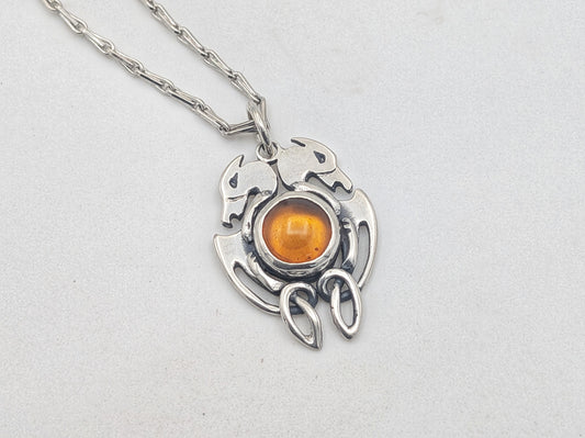 Handmade Sterling Silver Celtic Dog Pendant with Amber – Crafted in Our Workshop