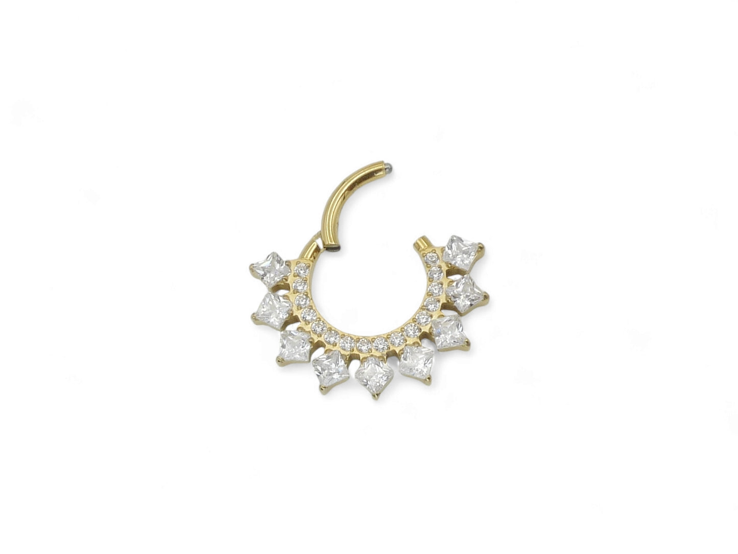 A gold titanium hinged clicker ring with a cluster of square-cut clear gems around the central ring for septum or daith piercings.
