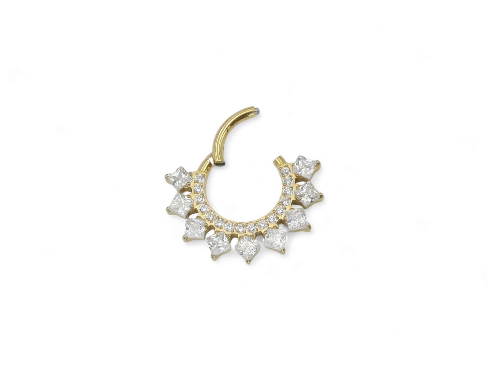 A gold titanium hinged clicker ring with a cluster of square-cut clear gems around the central ring for septum or daith piercings.