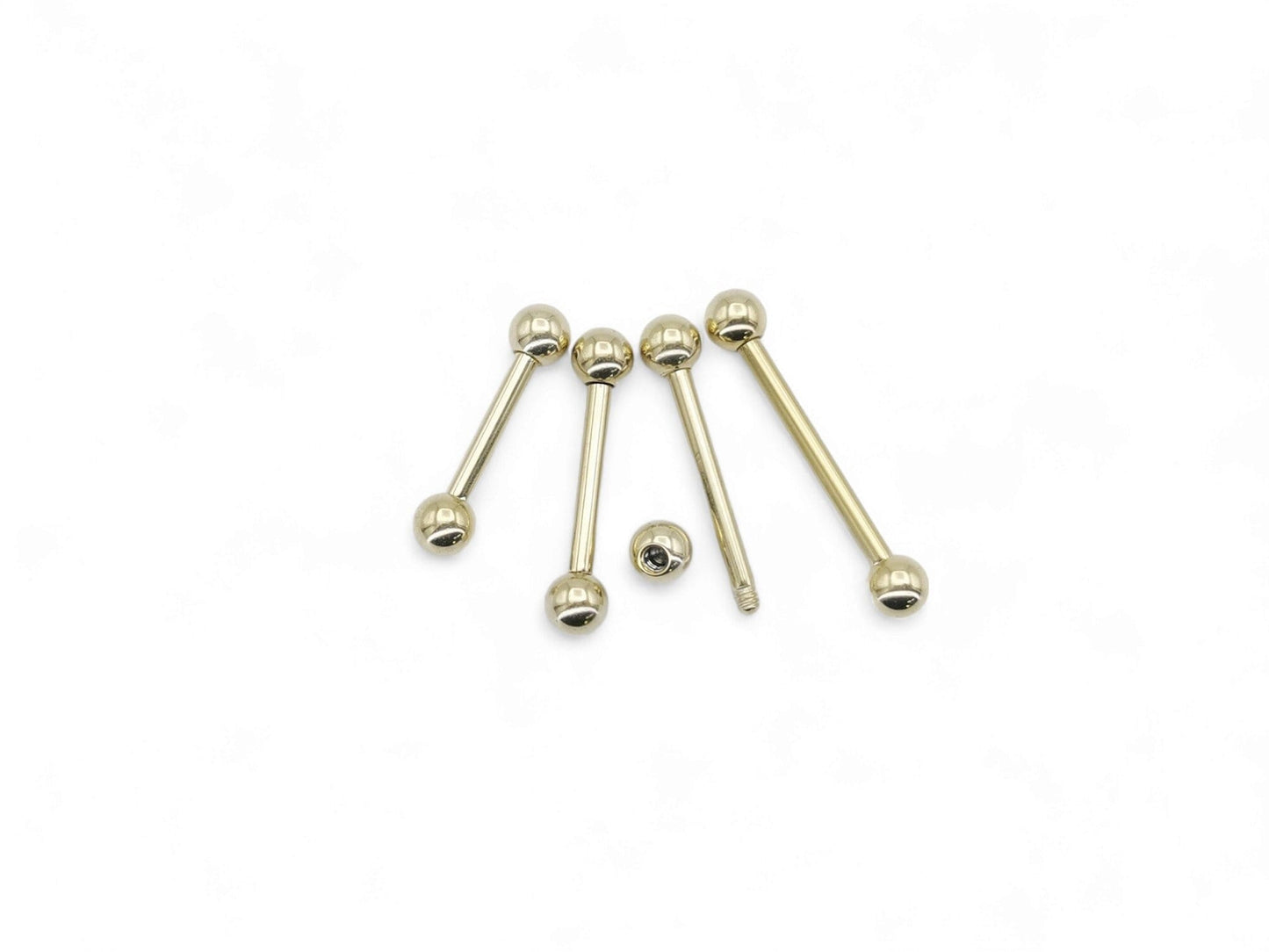 Gold-colored titanium barbells with PVD finish, featuring a smooth surface and rounded ends, externally threaded with 4mm balls on a white background.