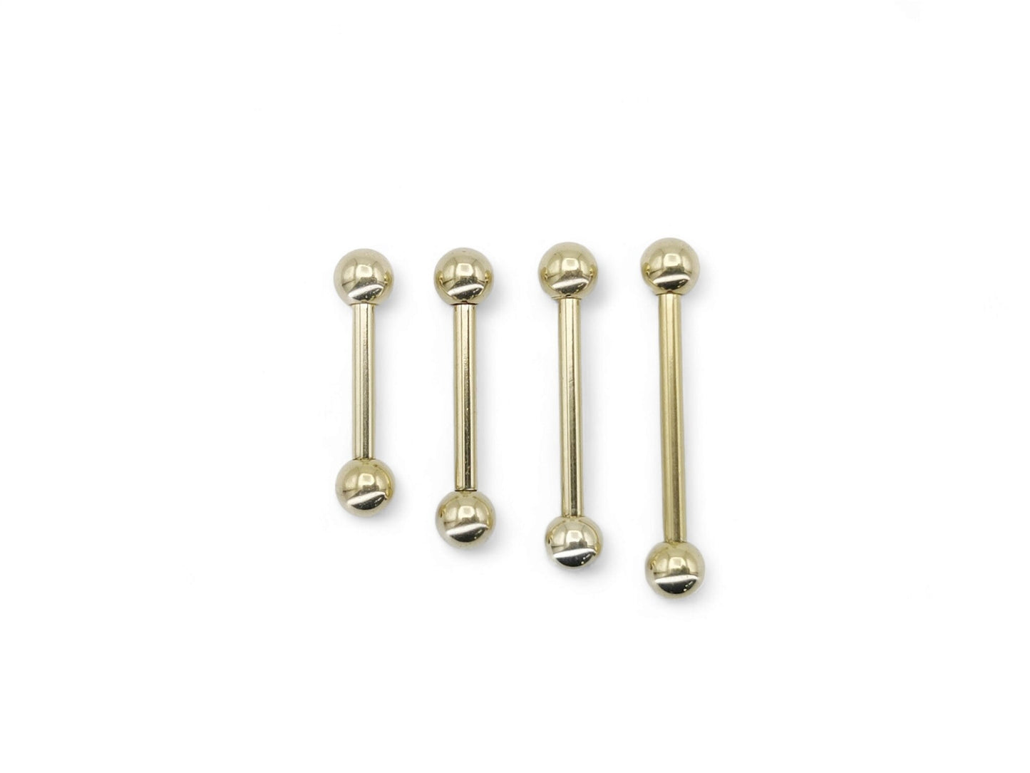 Gold-colored titanium barbells with PVD finish, featuring a smooth surface and rounded ends, externally threaded with 4mm balls on a white background.