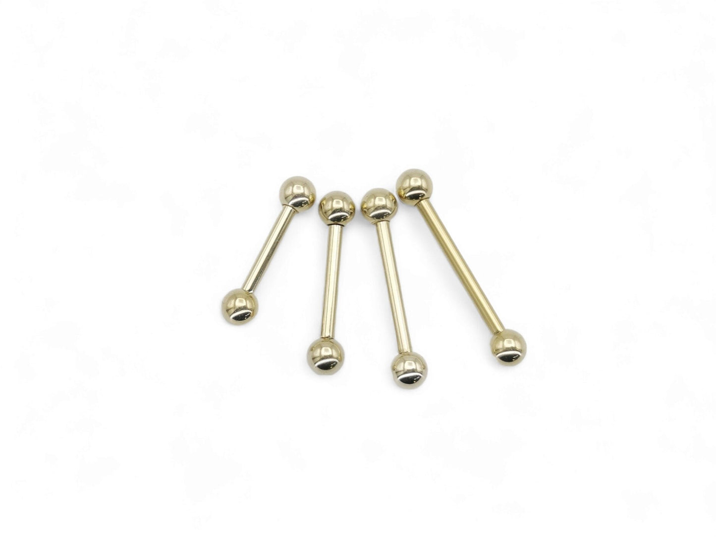 Gold-colored titanium barbells with PVD finish, featuring a smooth surface and rounded ends, externally threaded with 4mm balls on a white background.