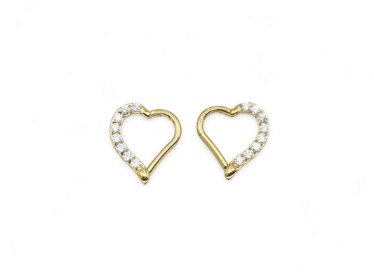 A pair of gold titanium jewelled heart clickers with PVD gold finish, designed for daith piercings.