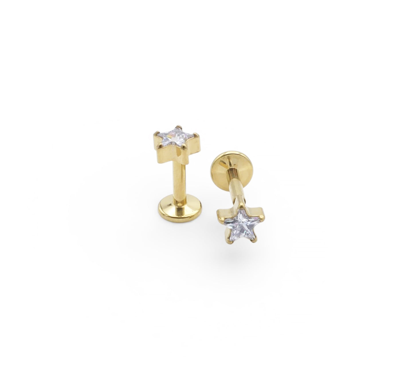Gold stud earrings with star-shaped gemstones on a white background