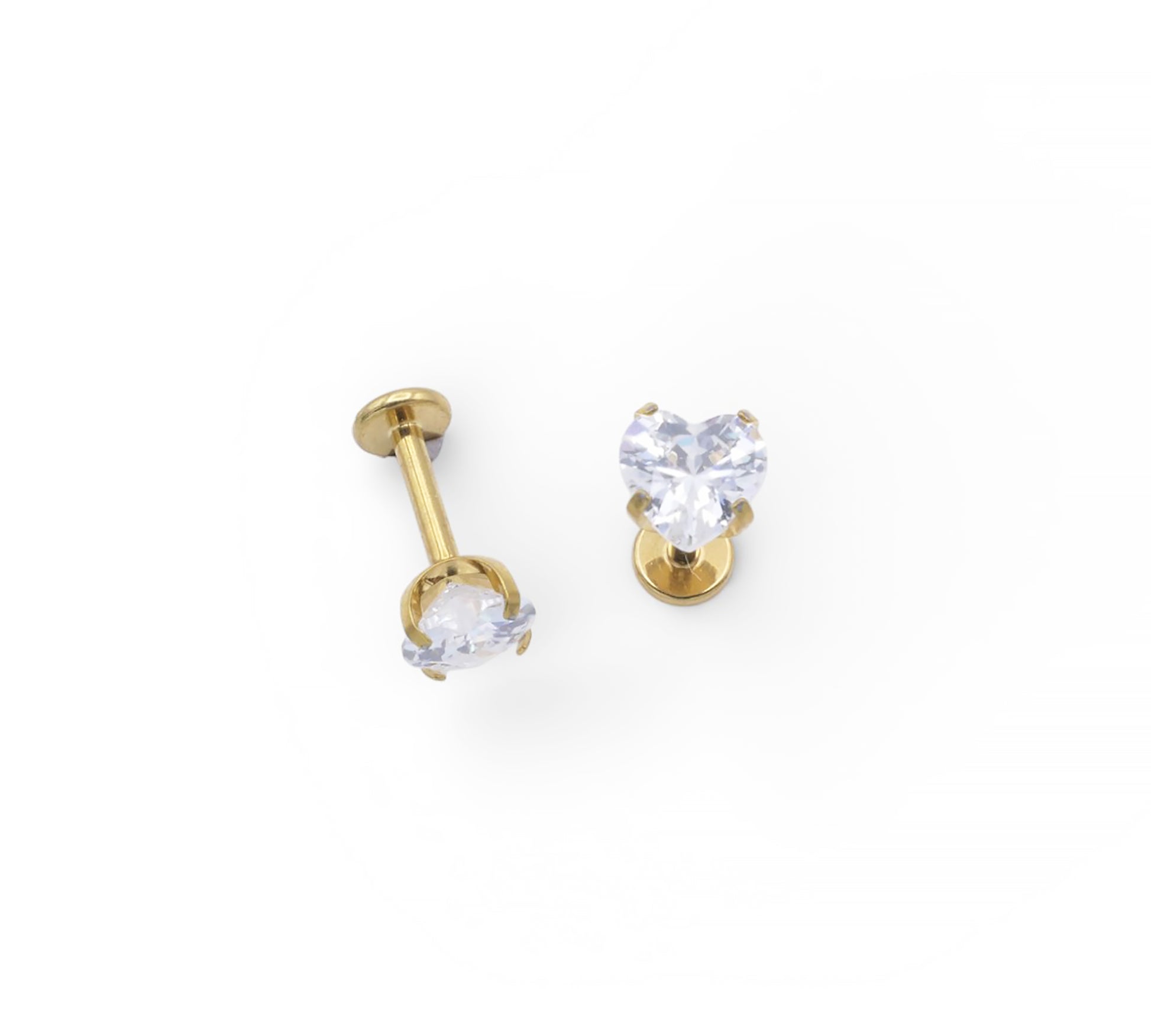 Gold and clear crystal heart-shaped earrings on a white background