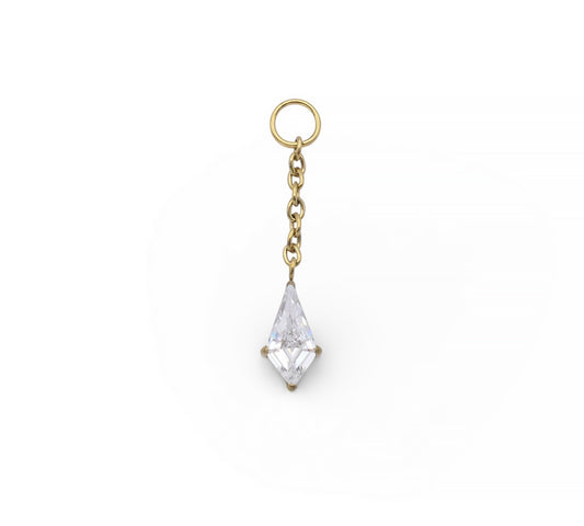 Gold earring with a clear teardrop-shaped gemstone on a white background