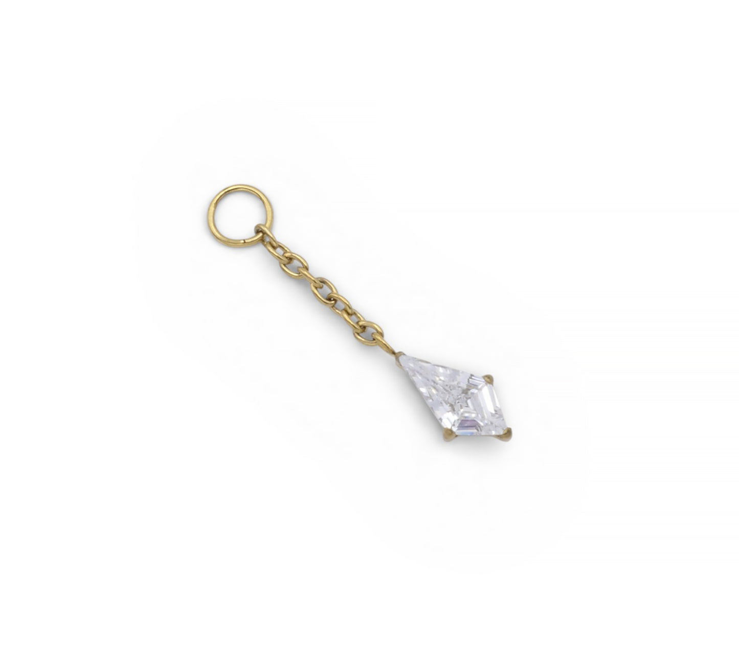 Gold chain with a clear gemstone on a white background