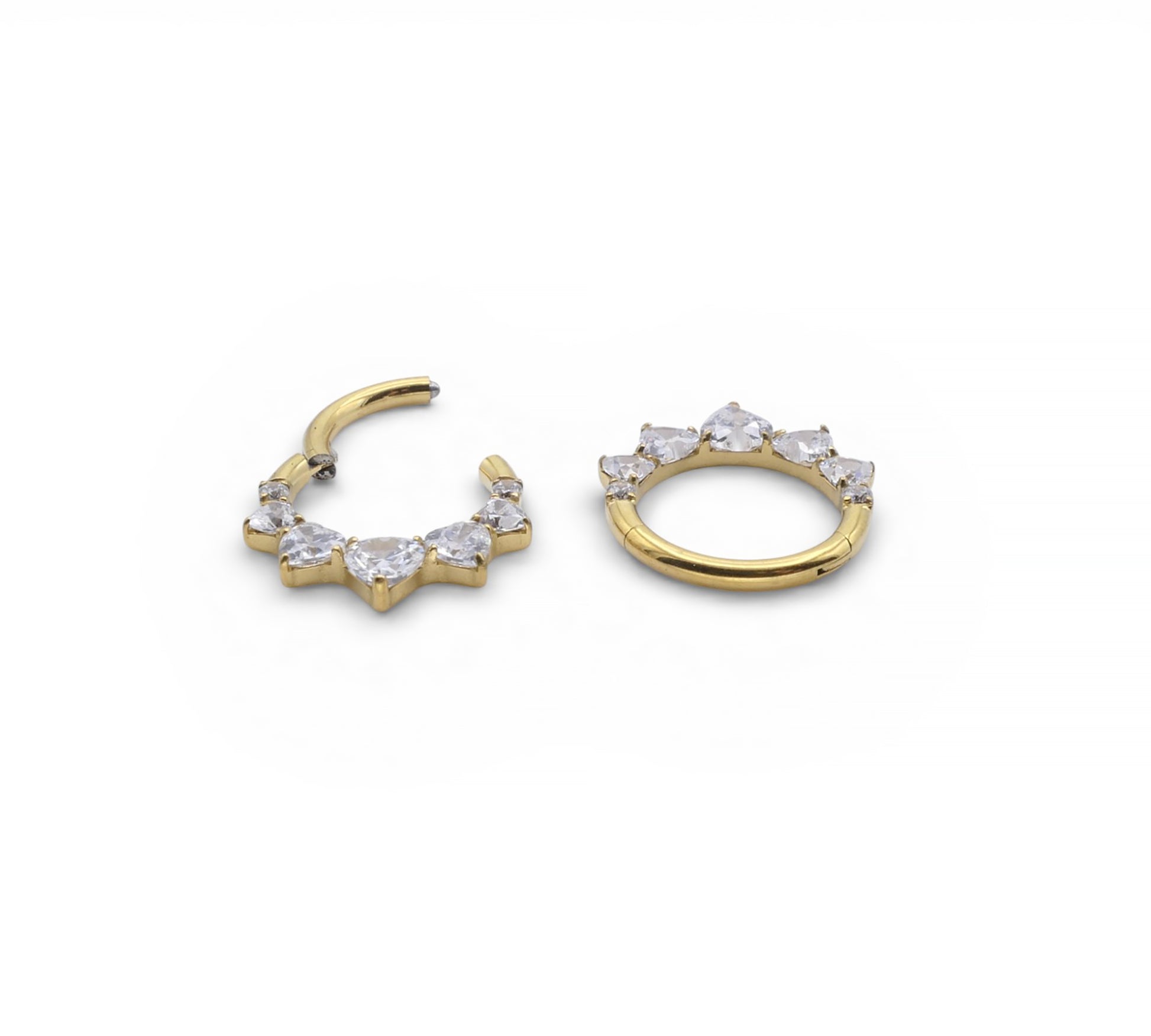 Gold hoop earrings with clear gemstones on a white background