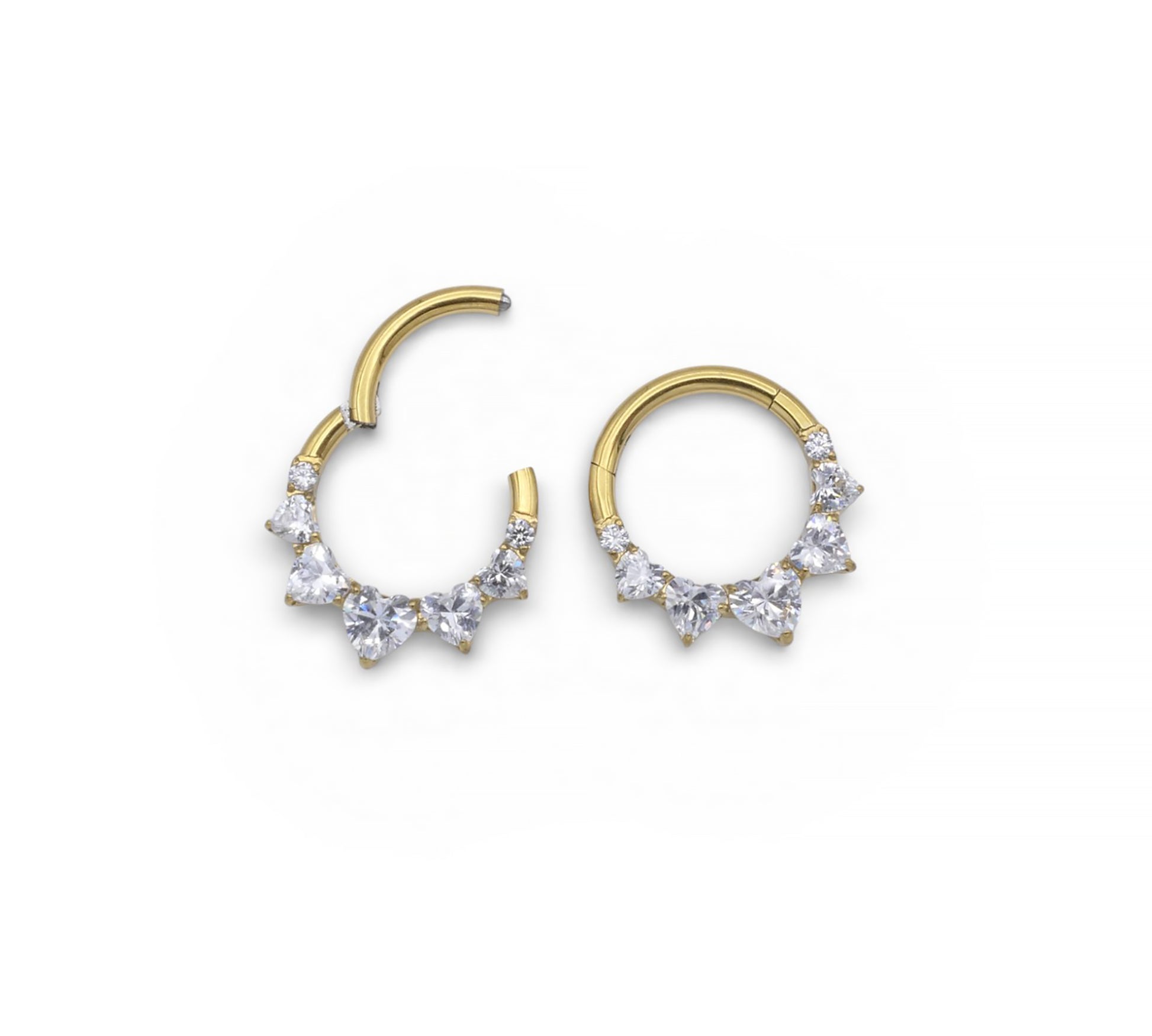 Gold hoop earrings with clear gemstones on a white background