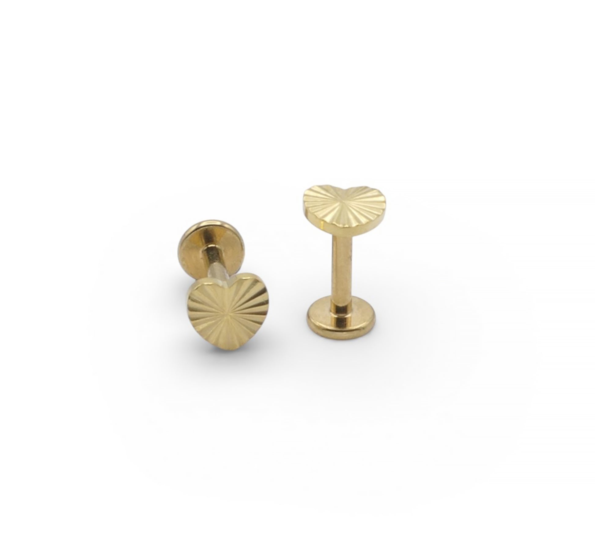 Two gold stud earrings on a white background