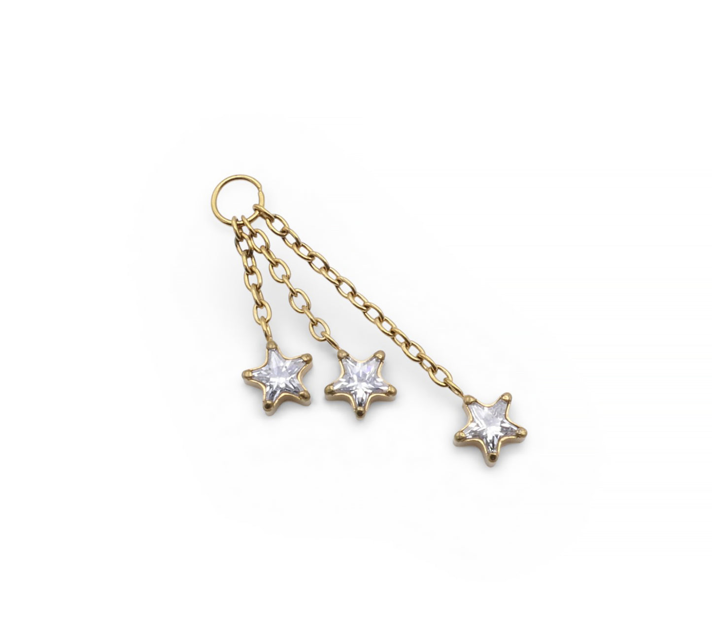 Gold chain with three star-shaped pendants on a white background