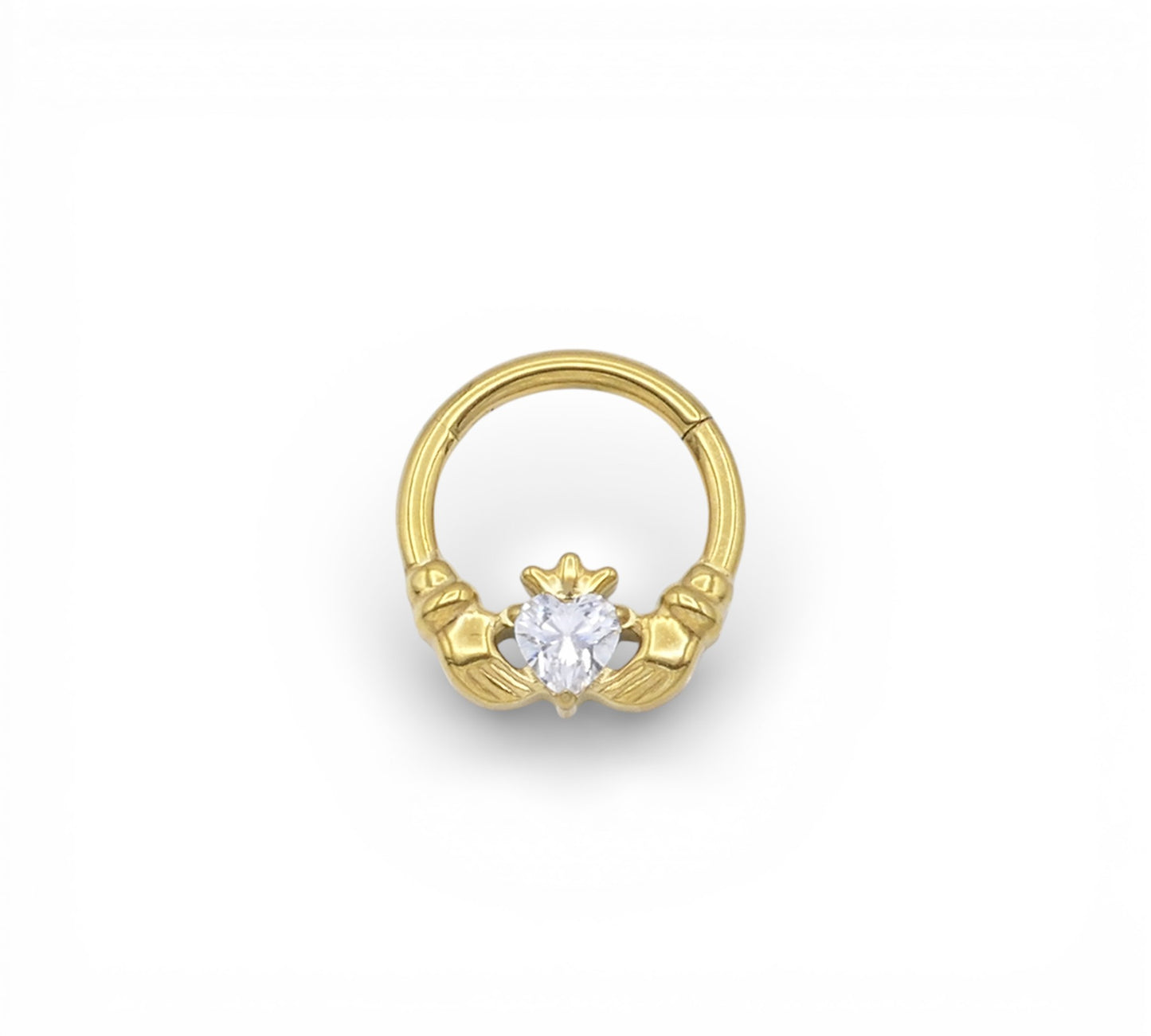 Jewelled Gold Titanium Claddagh Clicker ring on a white background