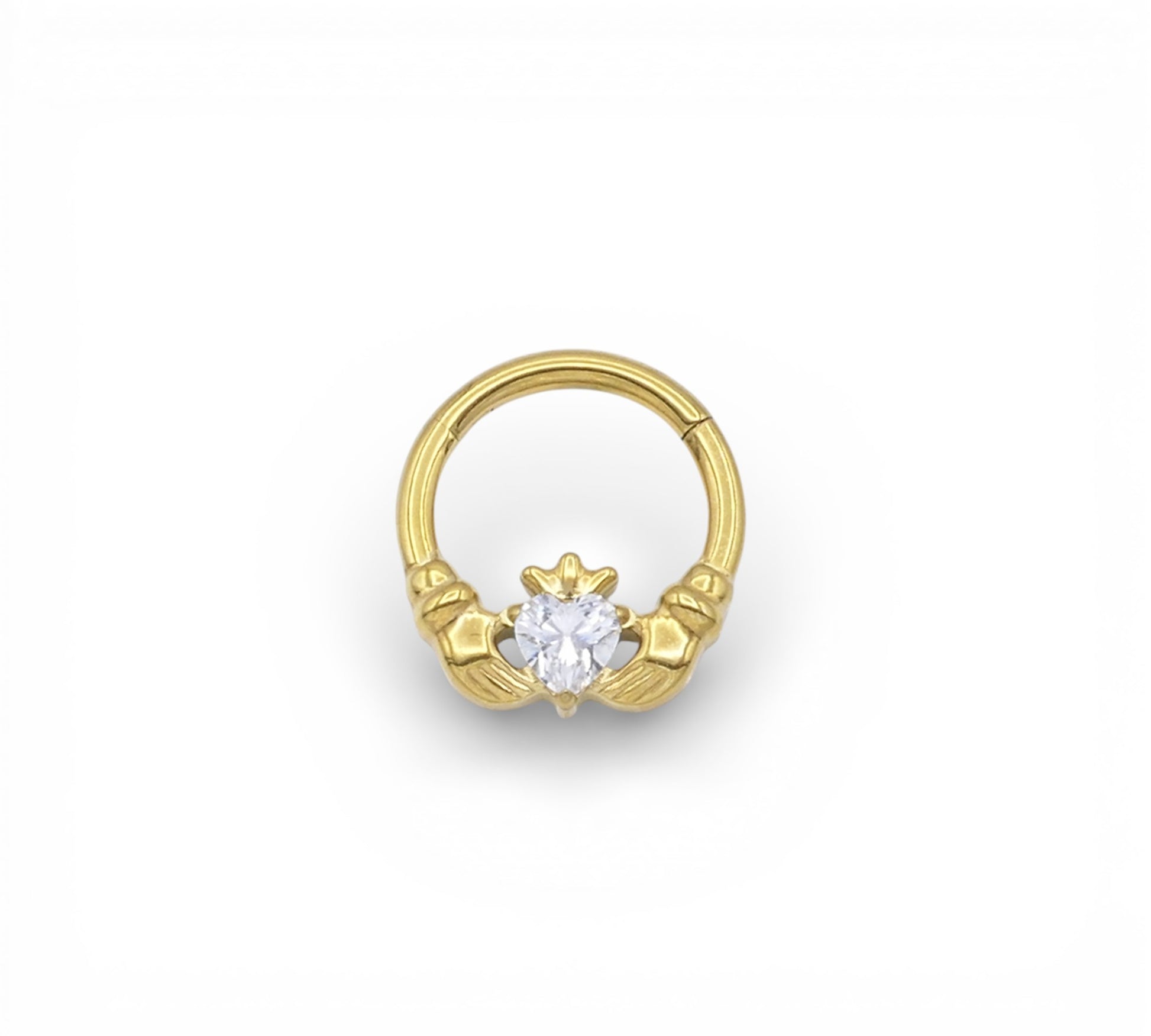 Jewelled Gold Titanium Claddagh Clicker ring on a white background