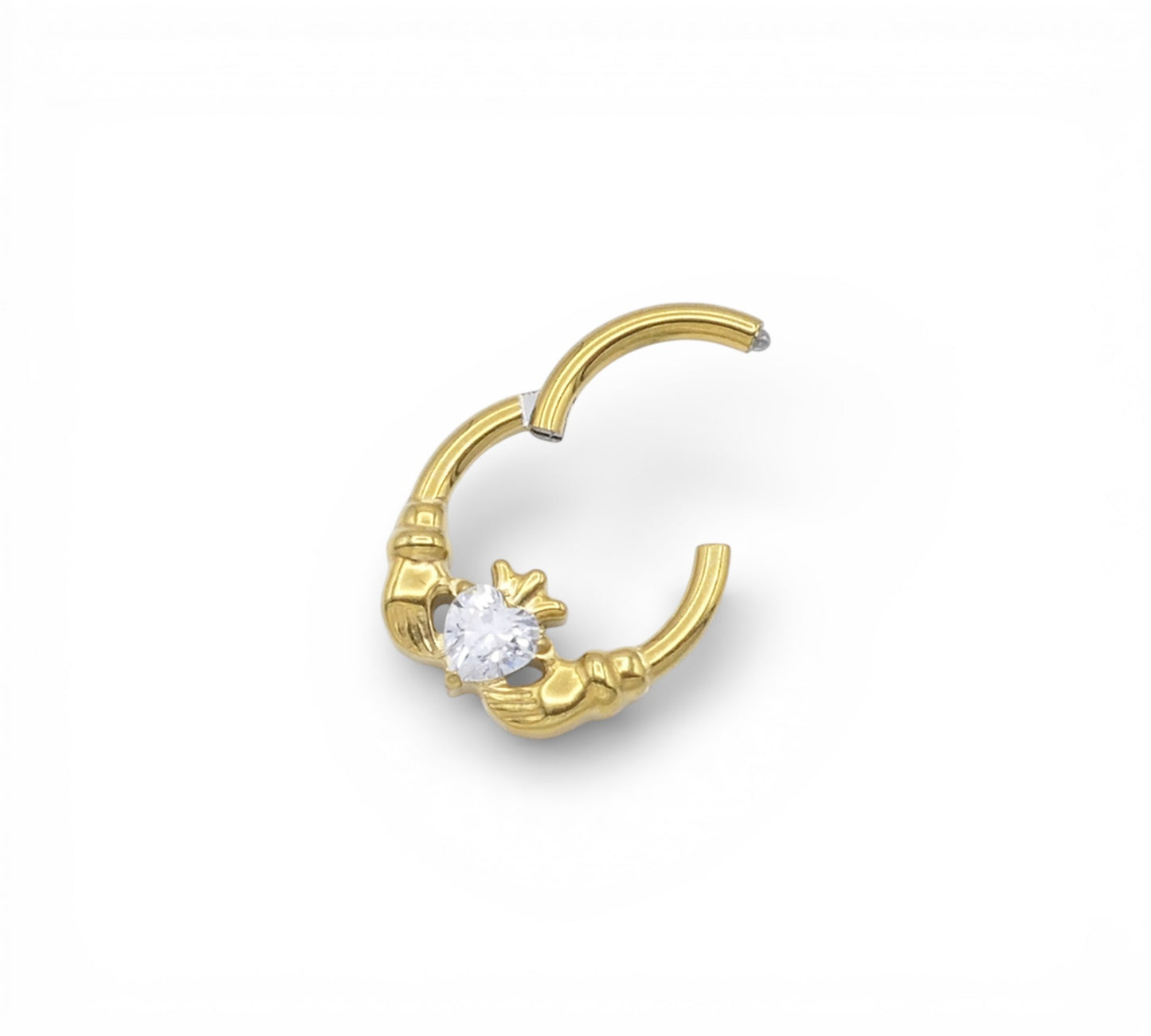 Jewelled Gold Titanium Claddagh Clicker ring on a white background