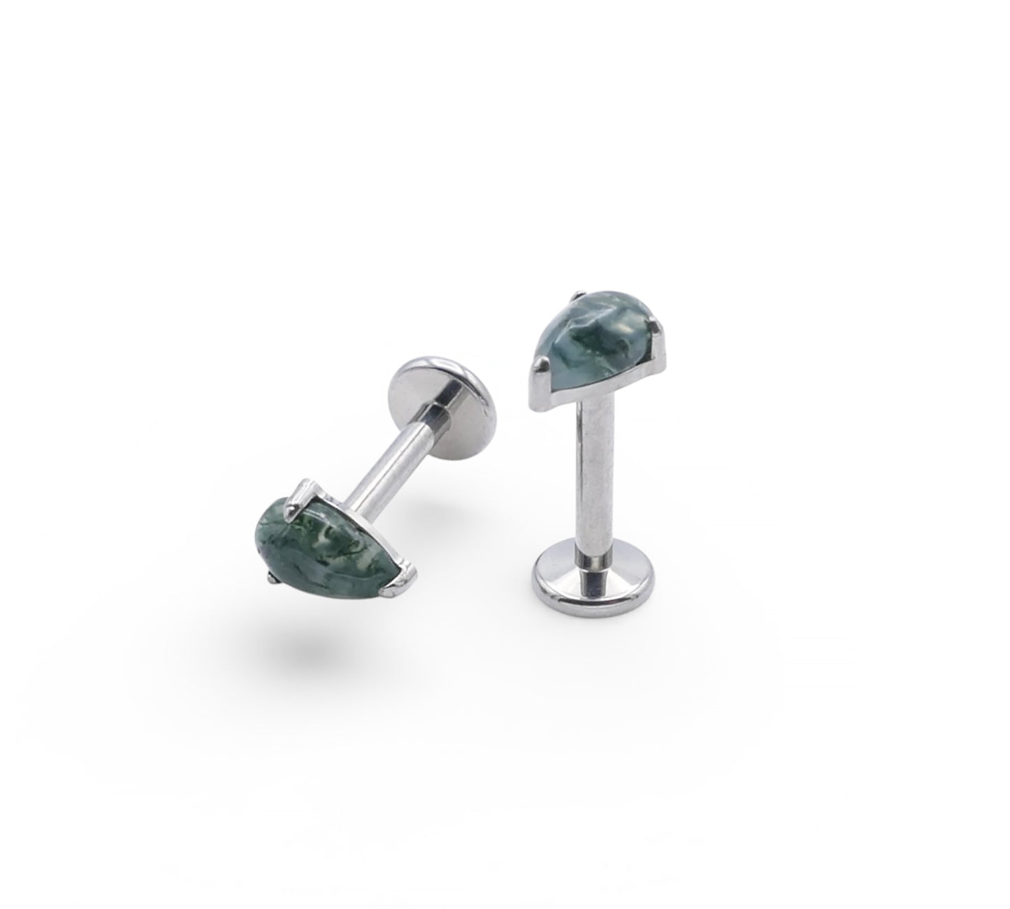 Pair of silver earrings with green gemstones on a white background