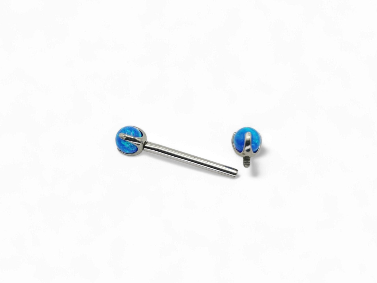 A set of three titanium barbells with synthetic opal beads in white, blue, and pink colors, arranged in increasing length from 12mm to 16mm.