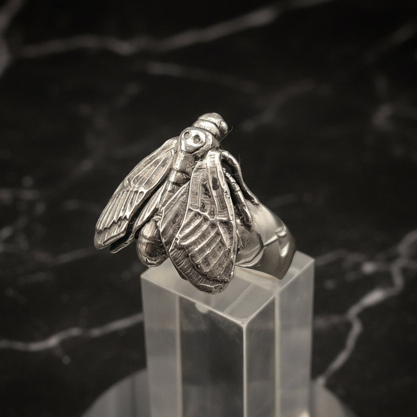 Silver cicada insect ring on a clear stand with a dark, textured background