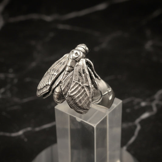 Silver cicada insect ring on a clear stand with a dark, textured background