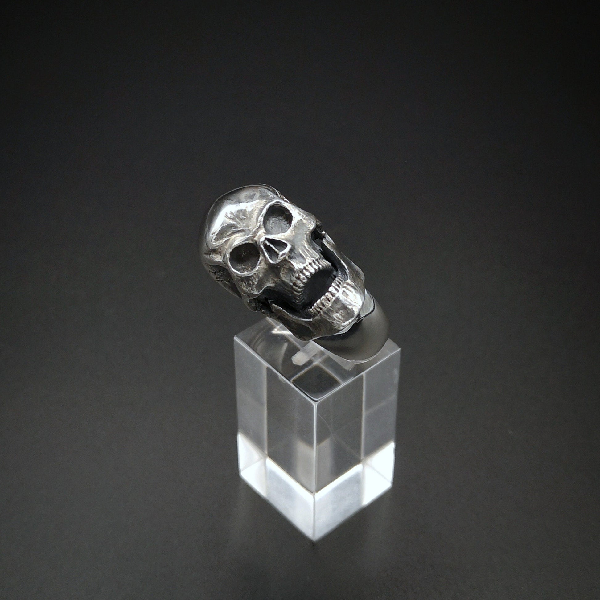 Silver skull-shaped object on a clear crystal block against a dark background