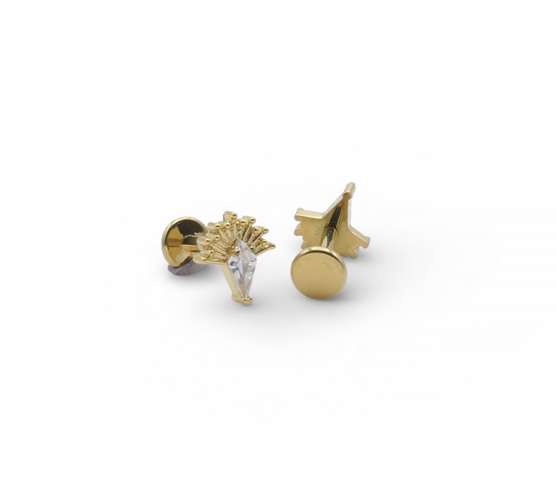 Gold earrings with a clear gemstone on a white background