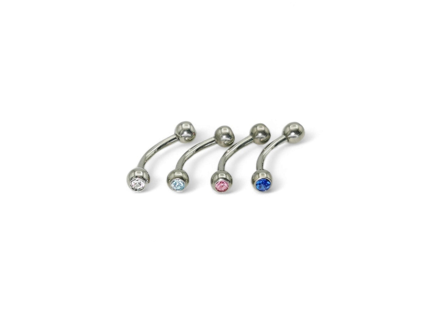 Titanium barbells with gemset crystals on both ends, available in multiple colors.