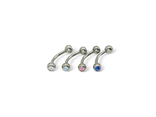 Titanium barbells with gemset crystals on both ends, available in multiple colors.