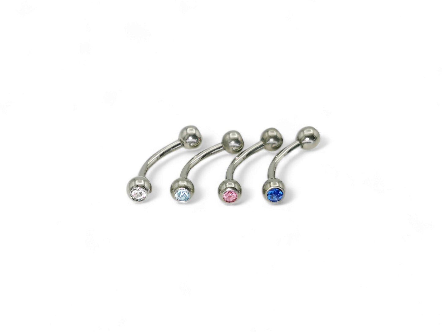 Titanium barbells with gemset crystals on both ends, available in multiple colors.