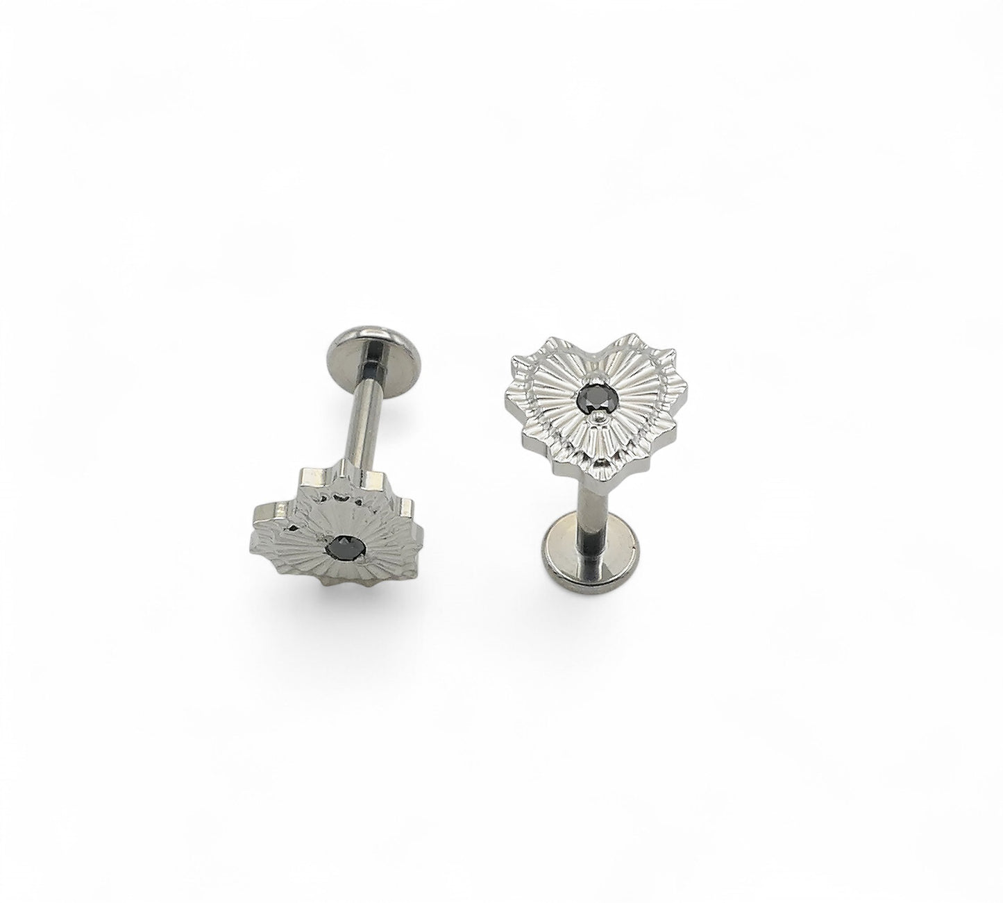 Titanium radiant heart jewelled studs on a white background