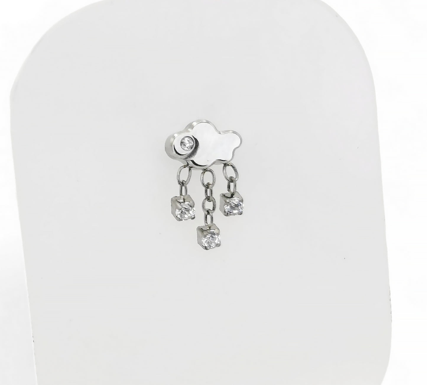 A titanium rain cloud stud earring with a polished cloud design and jewelled raindrops attached below.