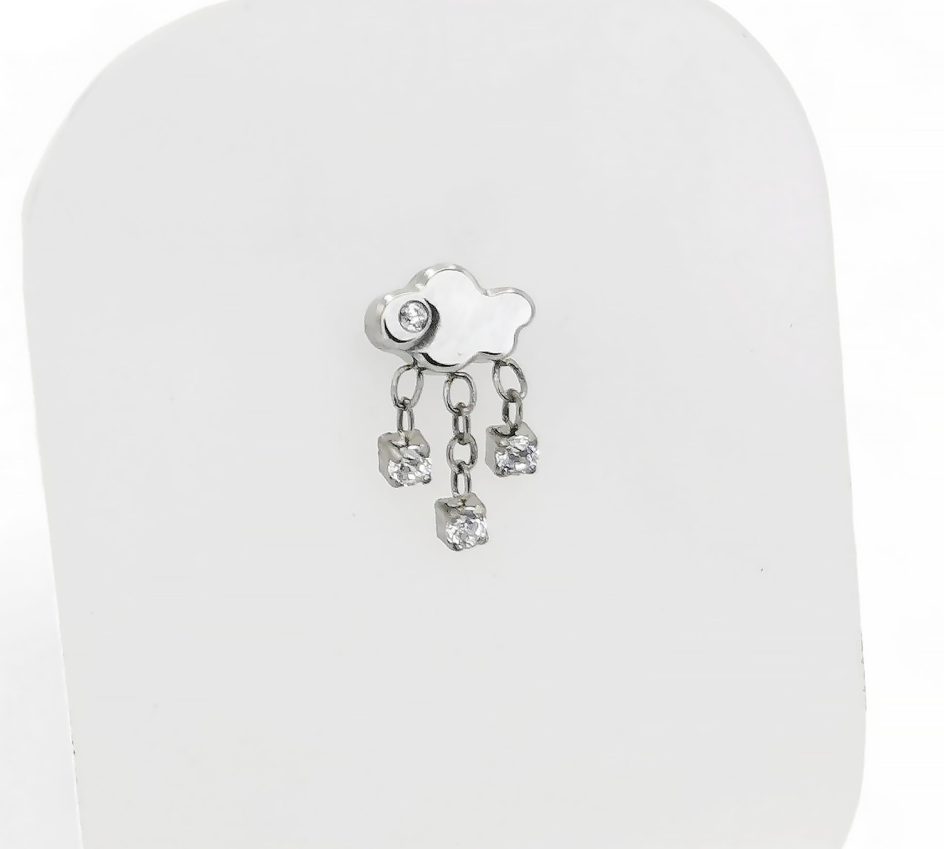 A titanium rain cloud stud earring with a polished cloud design and jewelled raindrops attached below.