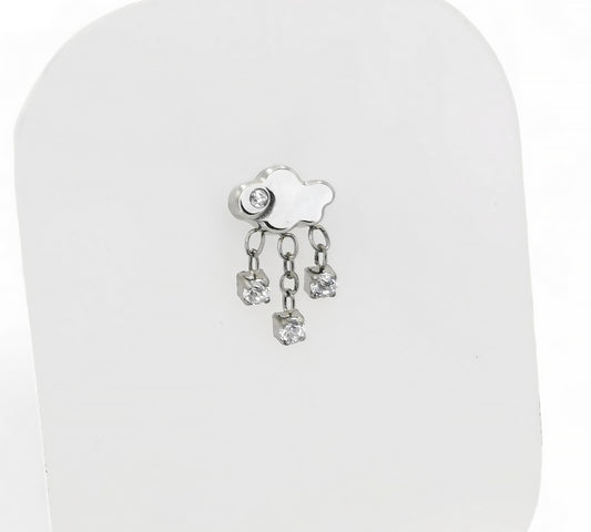 A titanium rain cloud stud earring with a polished cloud design and jewelled raindrops attached below.