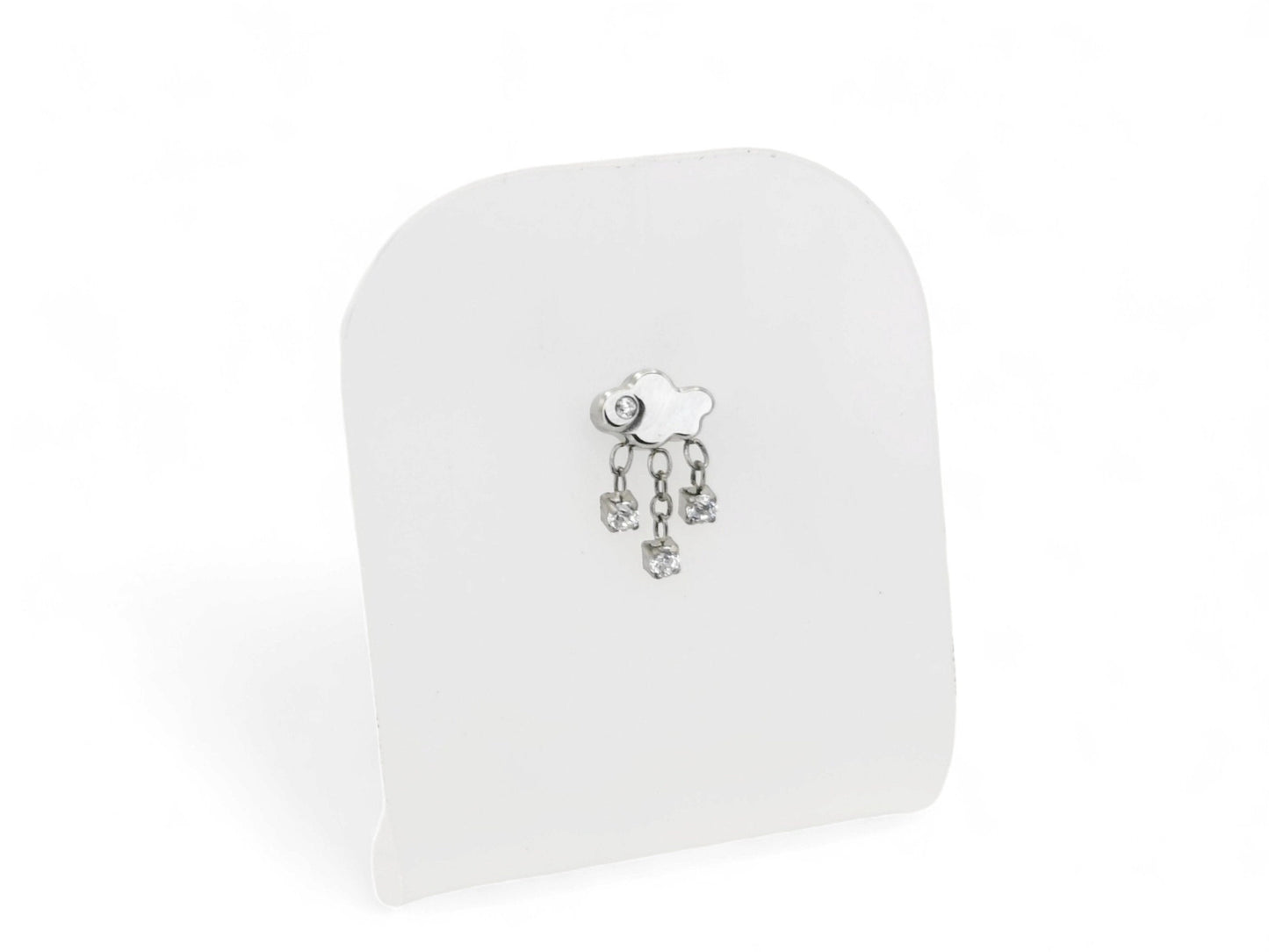 A silver-colored titanium threadless stud with a rain cloud shape and three jewelled rain drops, placed on a white background.