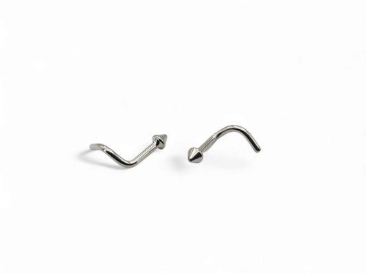 A polished finish titanium nose stud with a long spike, designed for 18g piercings.